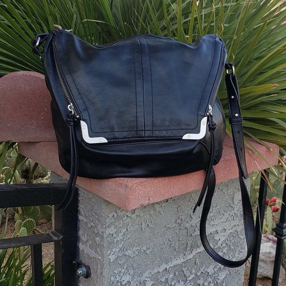 Kooba Black Leather Crossbody with Silver Accents